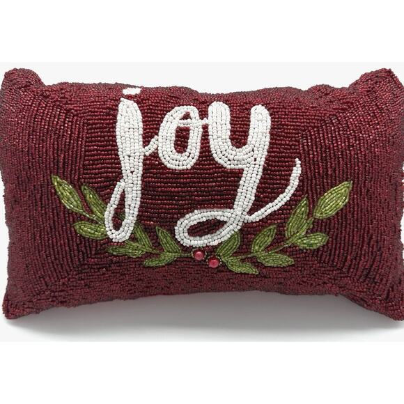 Pillow Red Fully Beaded Front Joy & Holly Leaves Satin Back Holiday Xmas 14x9x5 - Picture 1 of 7